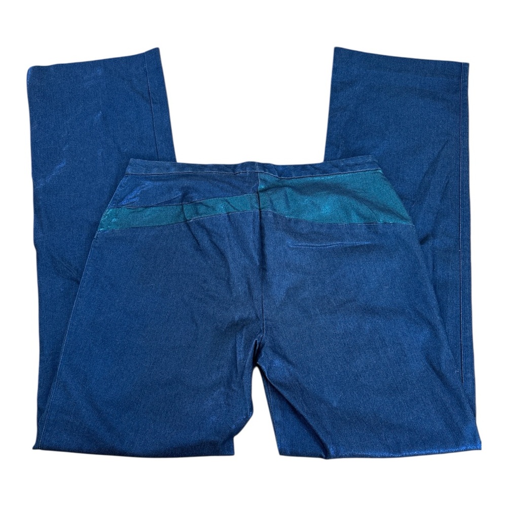 Express Stretch Shimmer Bootcut Blue Jeans with Teal Waistband Detail, Size 7/8